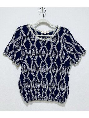 Solitaire Top Womens Large Navy Blue Embroidered Scalloped Cottagecore Boho